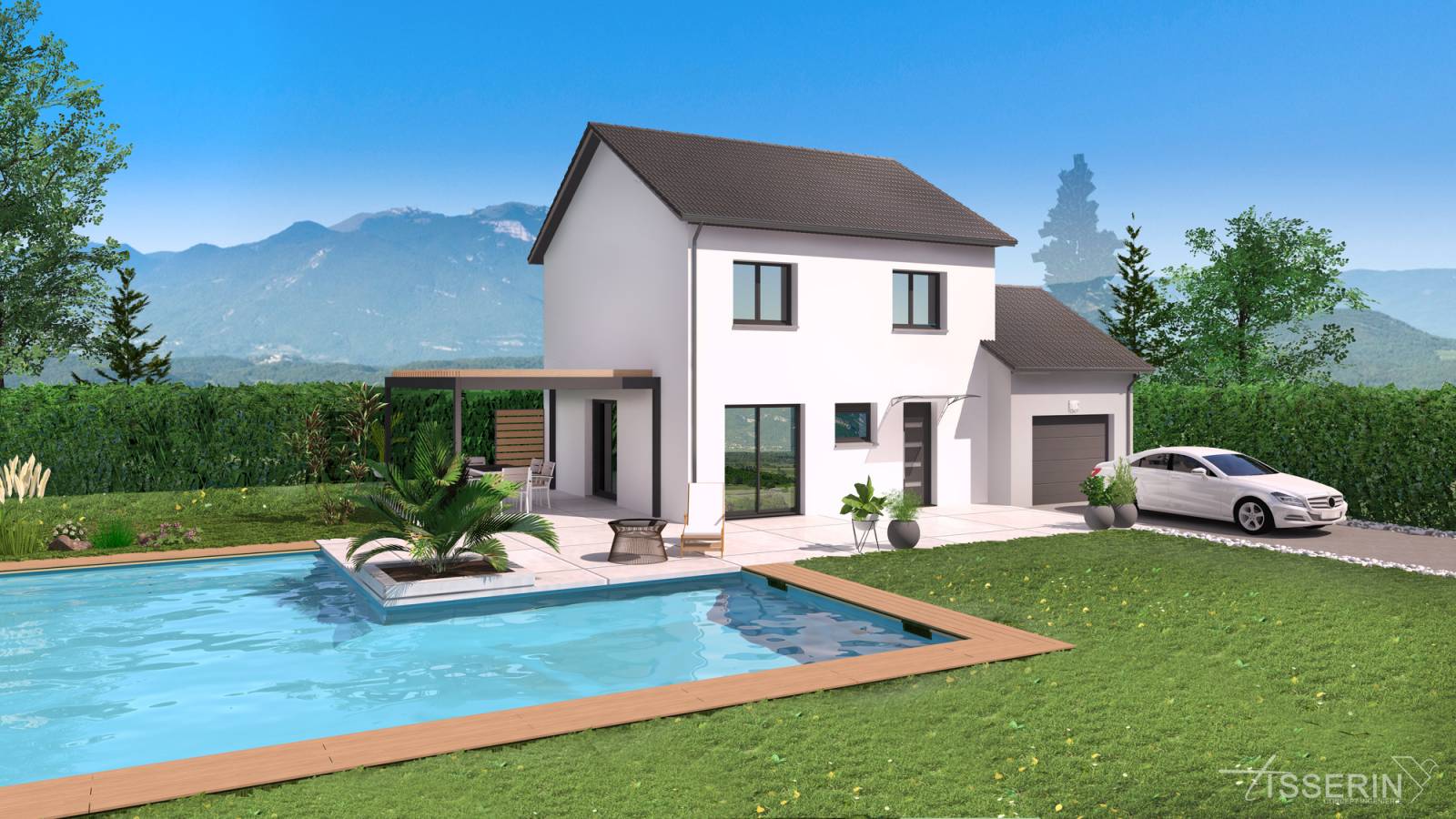 Conception d'un visuel 3D et plan d'une maison cubique en R+1 à Grenoble